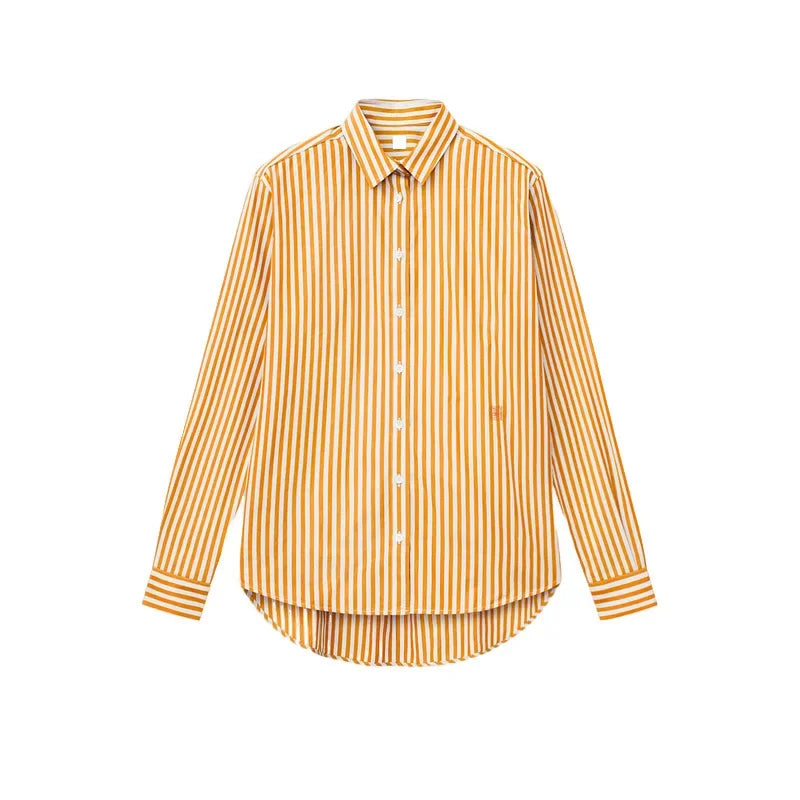 Women's Vertical Striped Shirt - Loose Long-Sleeve Button-Up Blouse with Asymmetric Hem, Office Commuter Style