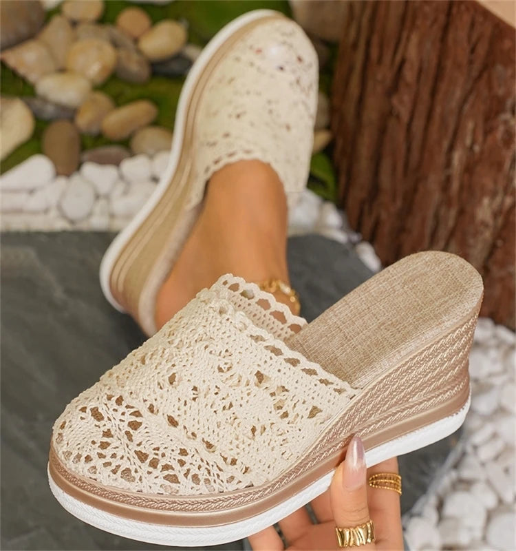 HAJINK Women's Lace Wedge Sandals – Breathable Summer Slide Heels, 5–8 cm (2–3 in) Heel, 3–5 cm (1.2–2 in) Platform