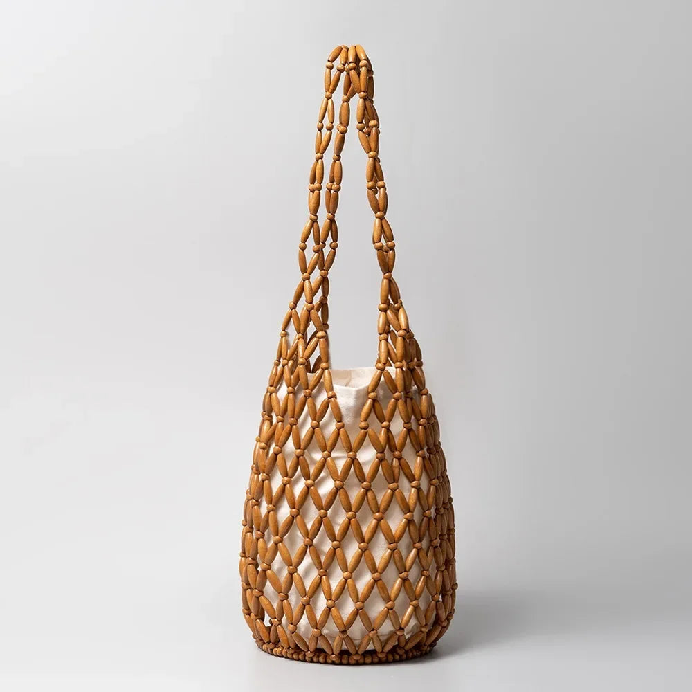 Woven Wooden-Bead Bucket Tote — Hollow-Out Straw Shoulder Bag for Women, Summer Beach Handbag