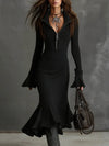Women’s Knitted Fishtail Midi Dress – Slim Fit Lapel Collar, Flared Full Sleeves – Autumn Winter Solid