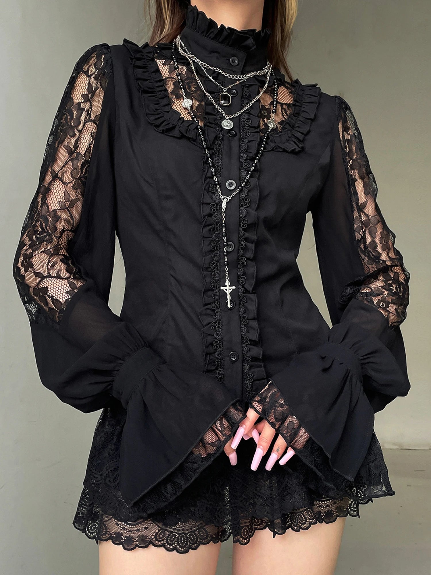 Floral Embroidered Lace Patchwork Button-Down Blouse for Women Long Sleeve Casual V-Neck Top