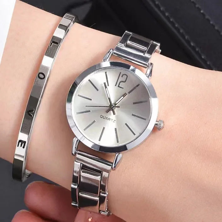 2-Pack Women's Gold Bracelet Quartz Watch Set - Hollow Strap Minimal Dial Fashion Wristwatch