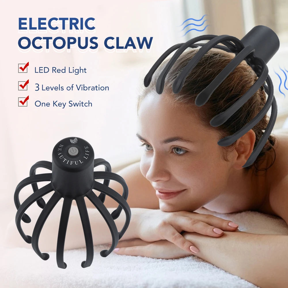 USB Rechargeable 3-Speed 3D Octopus Scalp Massager — Hands-Free Electric Head Scratcher for Stress Relief & Hair Stimulation