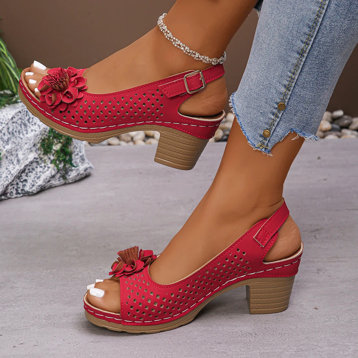 Women's Floral Cutout Mid Block Heel Sandals - Pointed Toe, Buckle Ankle Strap, Comfortable Latex Foam Insole