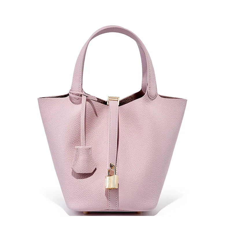 Women's Leather Bucket Bag – Basket-Style Drawstring Handbag, Mommy Bag for Bridal & Wedding