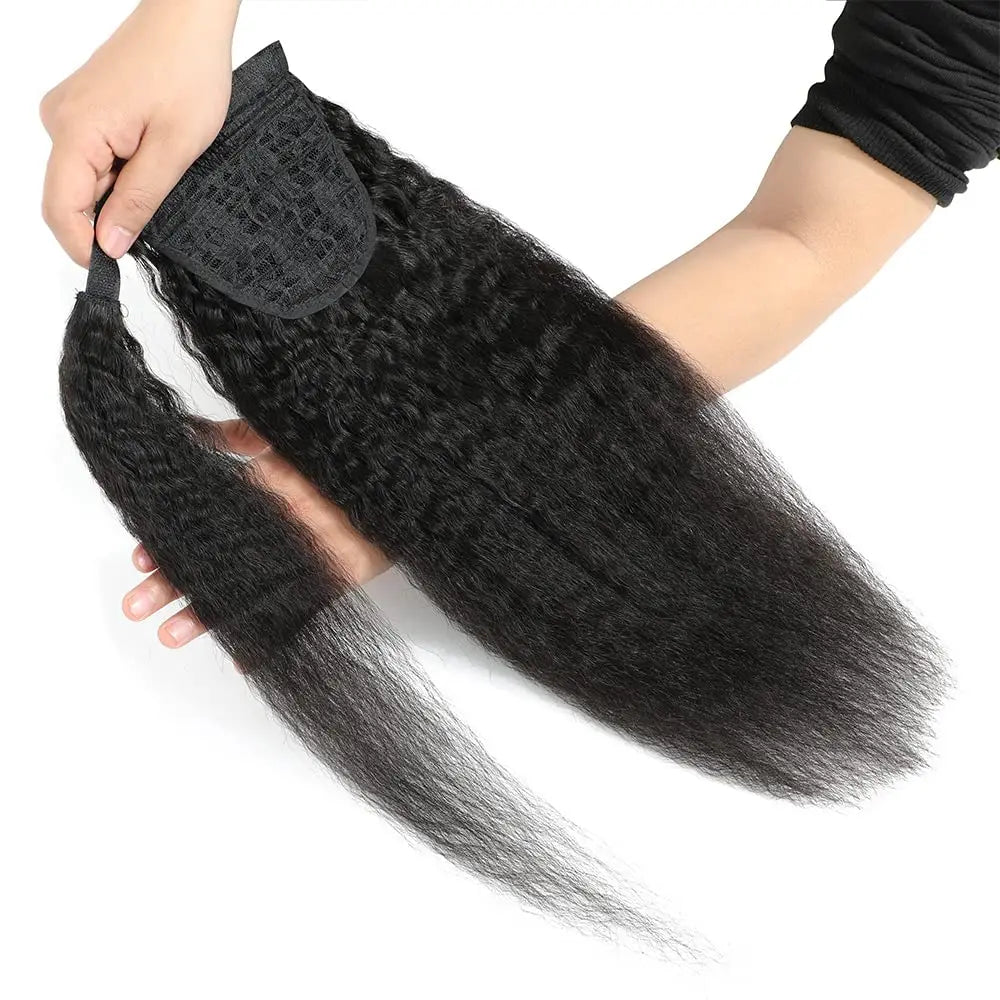 Kinky Straight Remy Human Hair Clip-In Wrap-Around Ponytail 100g, Natural Black #1B, 10–26 in (25–66 cm)