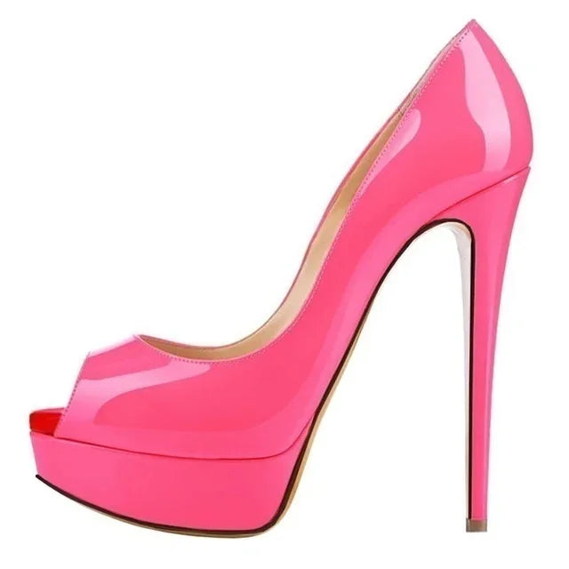 Women Platform Peep Toe Pumps 14cm (5.5 in) Thin Stiletto Patent Leather Party & Wedding Heels