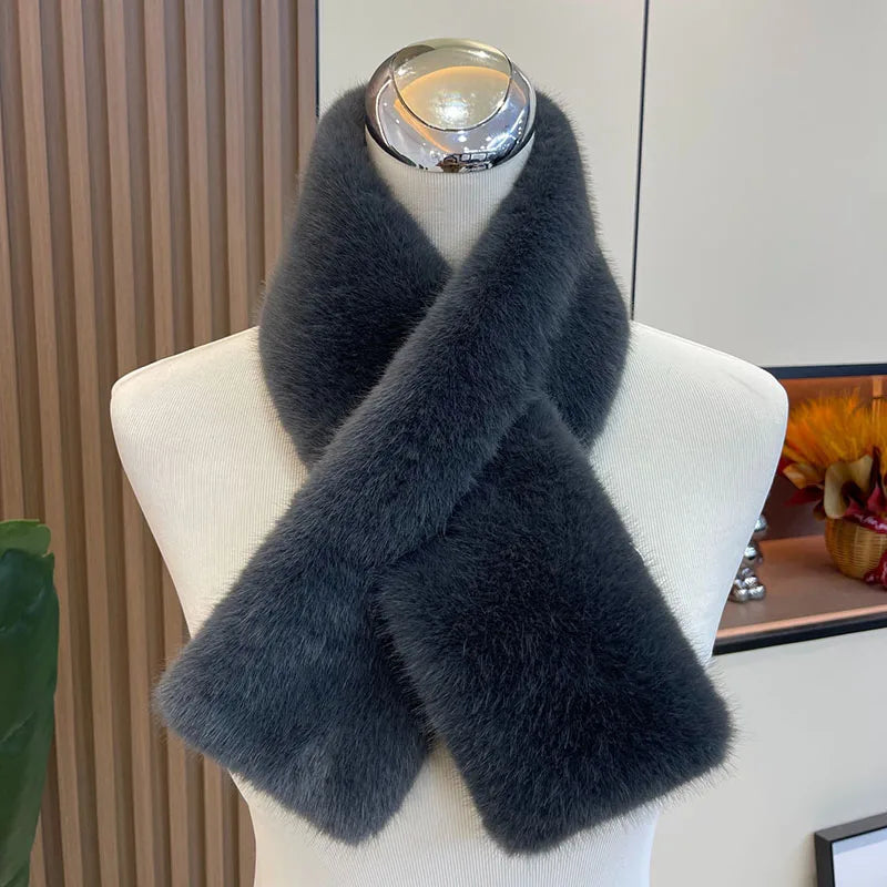 Women's Thick Faux Rabbit Fur Cross Collar Scarf - Winter Neck Warmer Soft Furry Solid Color Shawl
