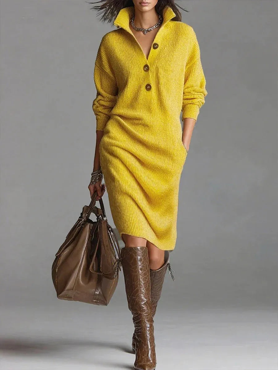 Women's V-Neck Button Lapel Knitted Sweater Dress — Knee-Length A-Line Casual (Spring/Autumn)