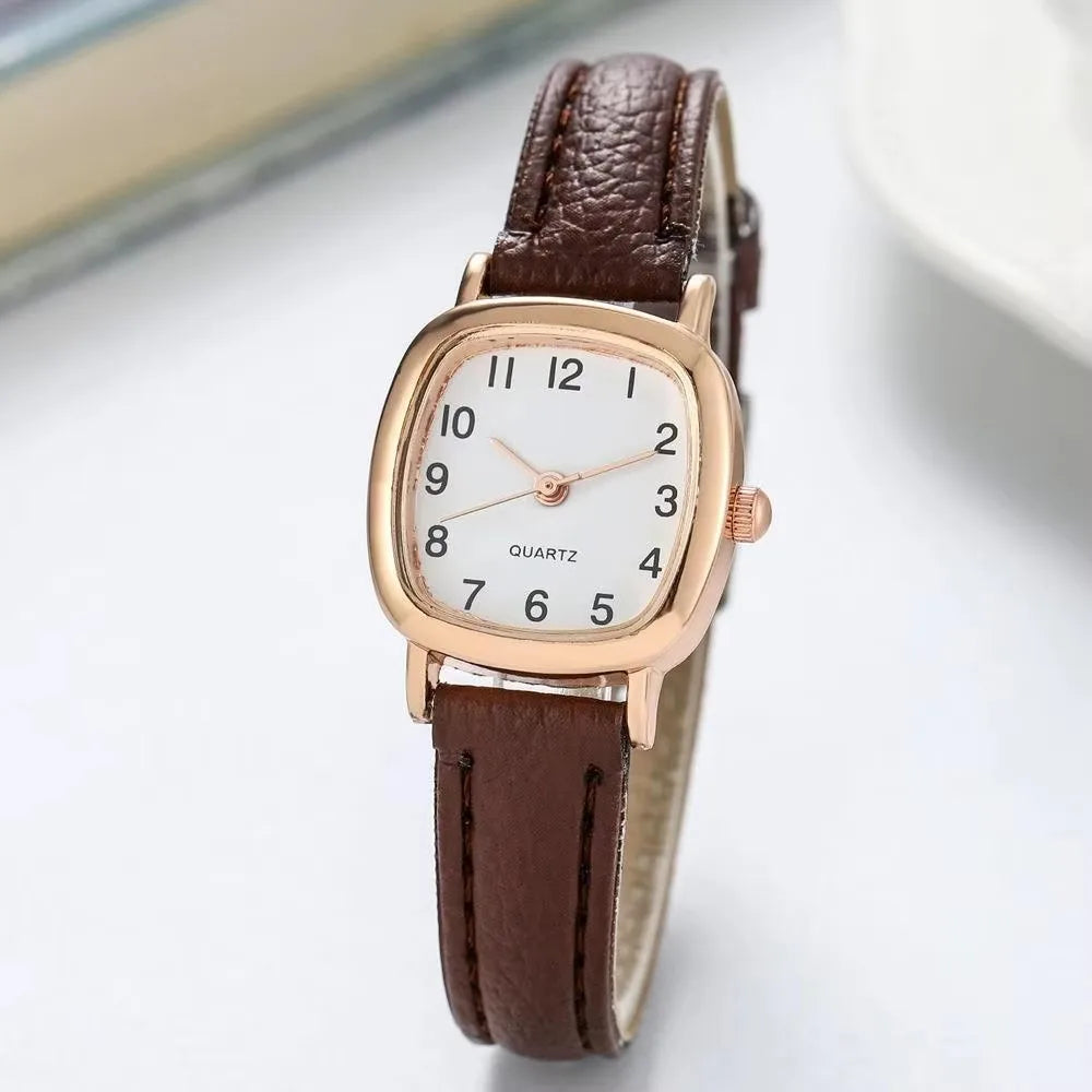 Women's Square Vintage Small Dial Quartz Watch with Leather Strap - Roman Numerals, Casual Fashion