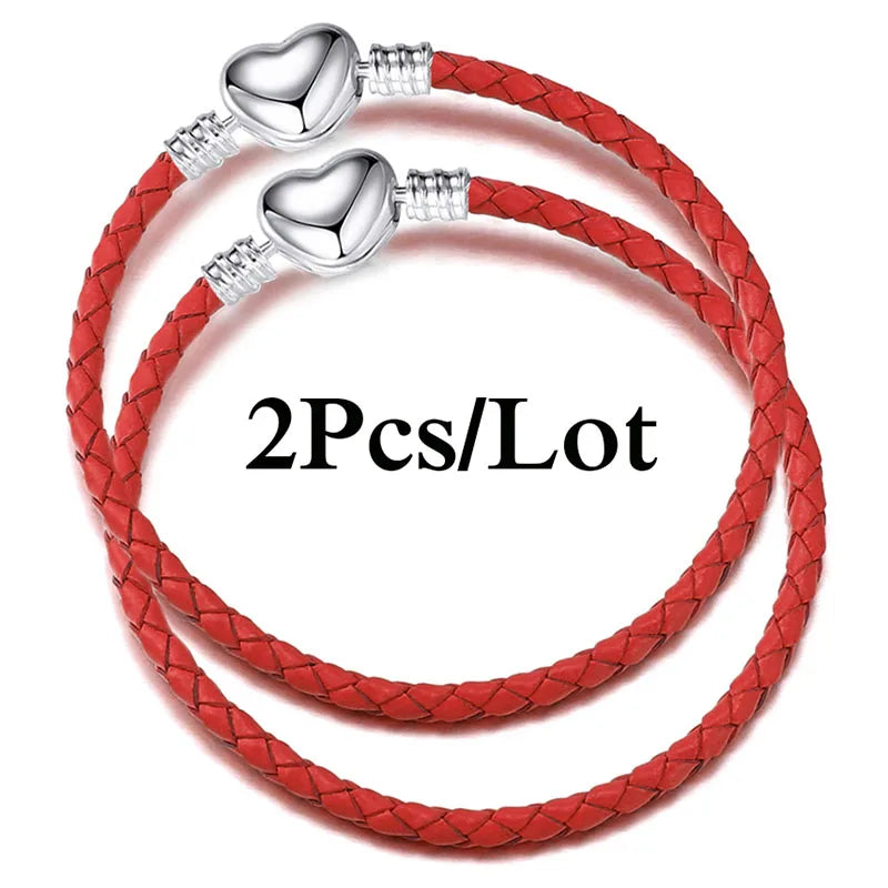 2-Pack Leather Chain Charm Bracelets with Beads – Handmade Couples Pulsera Jewelry (Unisex)