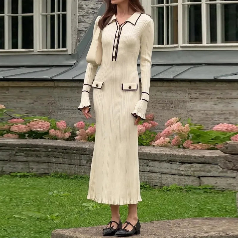 Knitted Patchwork Ruffle Midi Dress for Women, High Waist A-Line with Lapel Buttons and Flare Sleeves