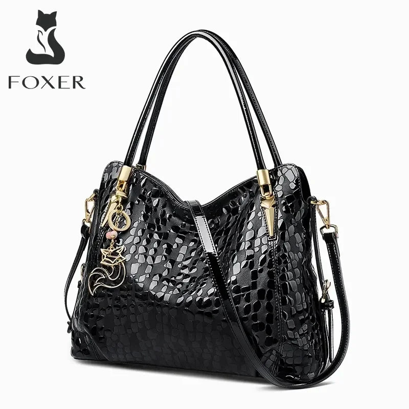 FOXER Large Capacity Genuine Cow Leather Tote Bag – Black Sequin Shoulder Handbag for Women