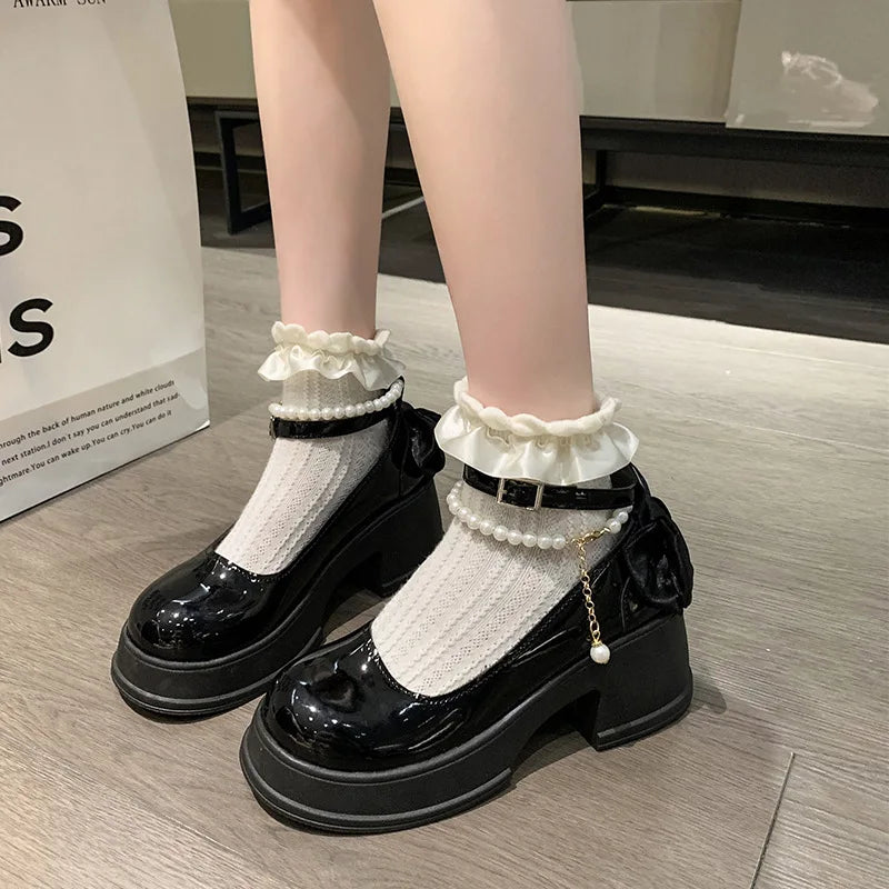 Pink Beaded Mary Jane Heels – Round Toe Platform Pumps with Square Heel, Spring/Autumn Party Shoes