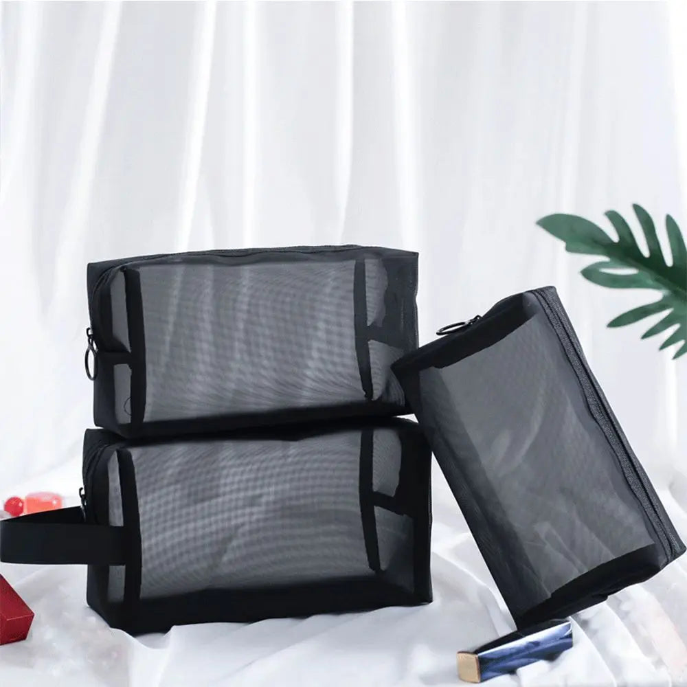 Black Mesh Travel Cosmetic Bag – Zipper Makeup & Toiletry Organizer for Women