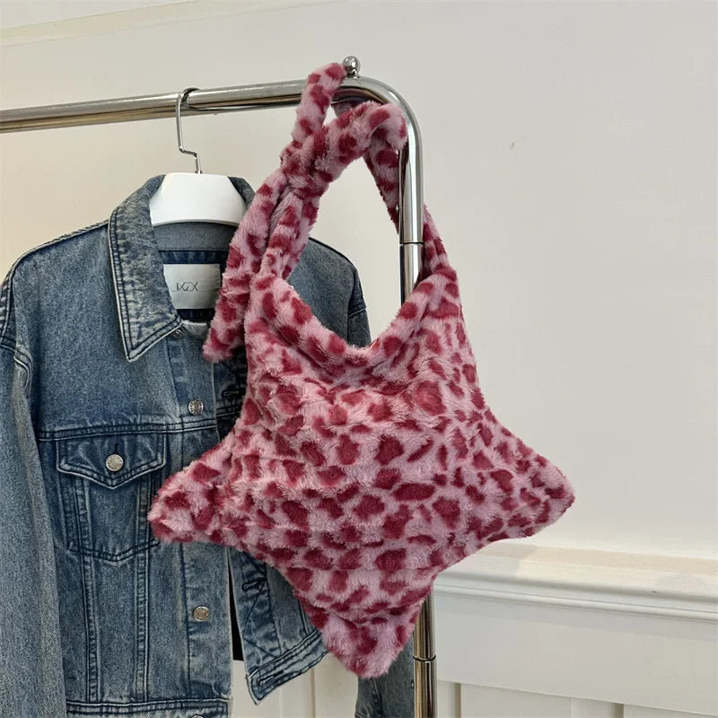 Large Faux Fur Leopard Tote Bag 17in (43cm) – Plush Shoulder & Adjustable Crossbody Bag for Women, Zipper Closure