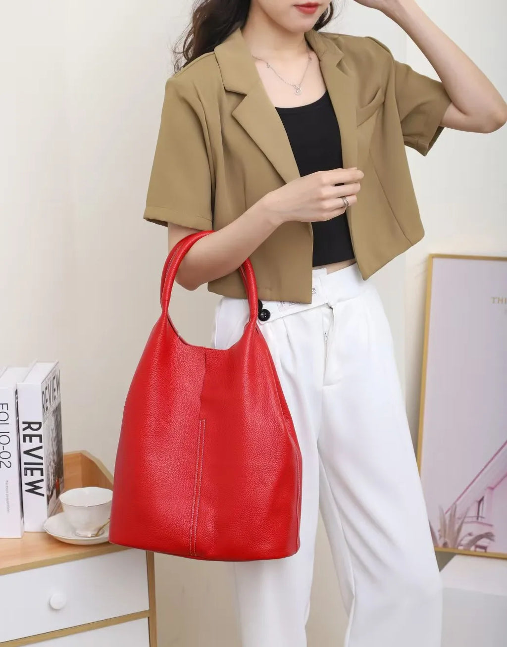 Large Genuine Cowhide Leather Tote Bag - Soft Women's Commuter Shoulder Bucket Handbag