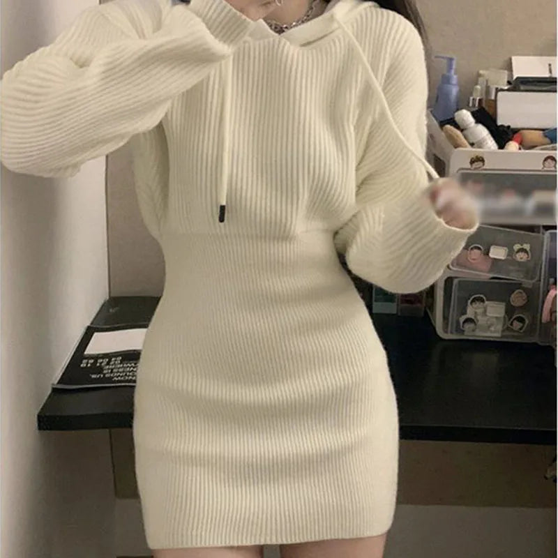 White Thick Knit Hooded Mini Dress - Korean Elastic High-Waist Bandage Long Sleeve Slim Fit