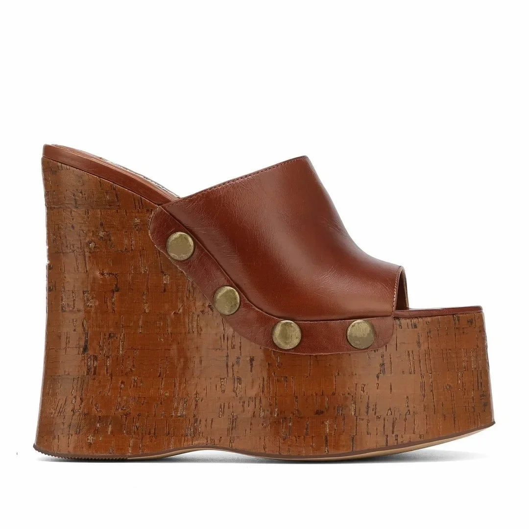 Women's Woodgrain Chunky Sandals – Square Block Heel 14 cm (5.5 in), Waterproof, Rivet & Rhinestone Accents, Metal Buckle