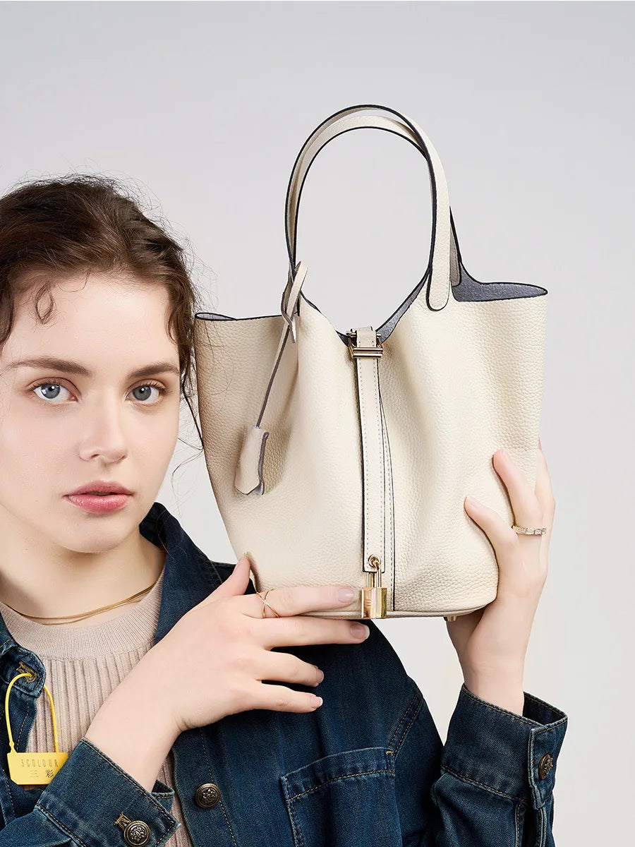 Women's Leather Bucket Bag – Basket-Style Drawstring Handbag, Mommy Bag for Bridal & Wedding