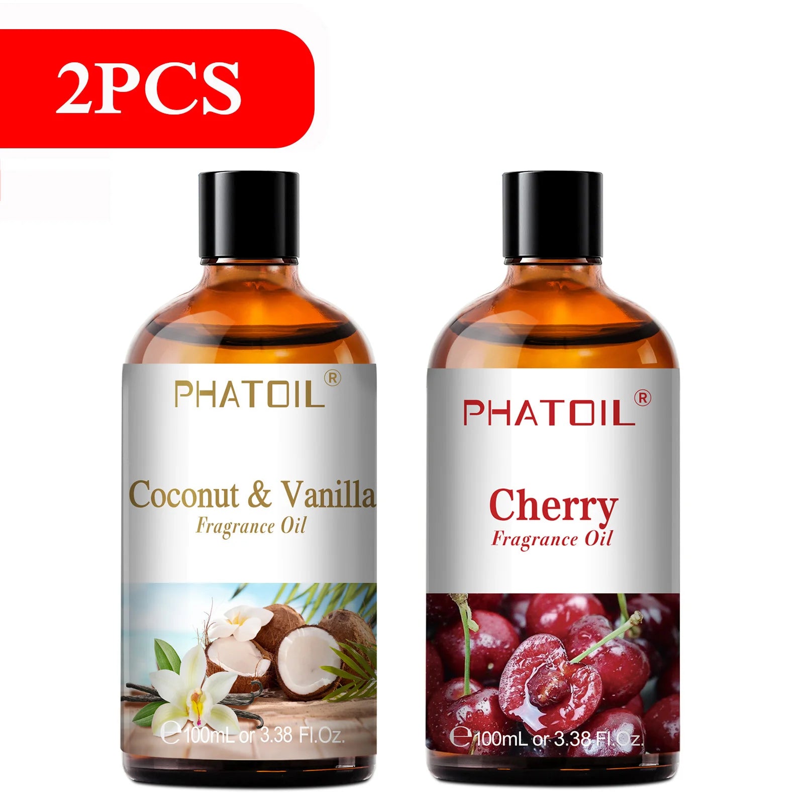 PHATOIL 100ml Aromatherapy Fragrance Oil — Coconut & Vanilla, Strawberry, Cherry, Lemon — 1/2/3-Pack for Diffuser, Candle Making & DIY