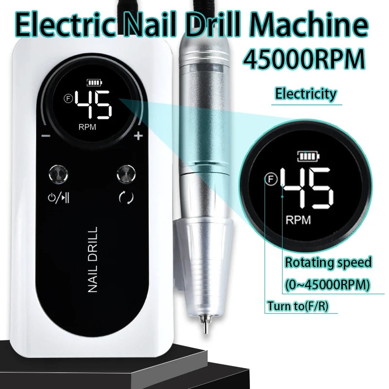 45000 RPM Rechargeable Electric Nail Drill Kit — Portable Nail File with LCD, 2600mAh Battery, 6 Bits & 6 Sanding Bands