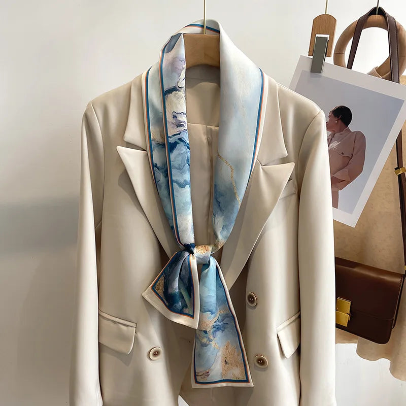 Women's Silk-Feel Printed Long Narrow Scarf 12 x 148 cm (4.7 x 58.3 in) - 50+ Colors | Headband & Shawl