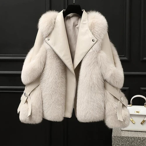 Women's Faux Fox Fur Short Coat - Casual Zip-Up Jacket with Turn-Down Collar, Wide-Waist Autumn/Winter