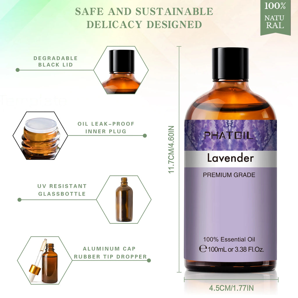 PHATOIL 100ml Pure Essential Oil – Lavender, Rose, Vanilla, Peppermint, Clove, Tea Tree, Ylang Ylang, Lemon Aromatherapy Diffuser Oil