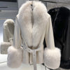 YOLOAgain Women's Genuine Sheepskin Leather Jacket with Real Fox Fur Detachable Collar & Sleeves - Belted Pockets, Autumn/Winter