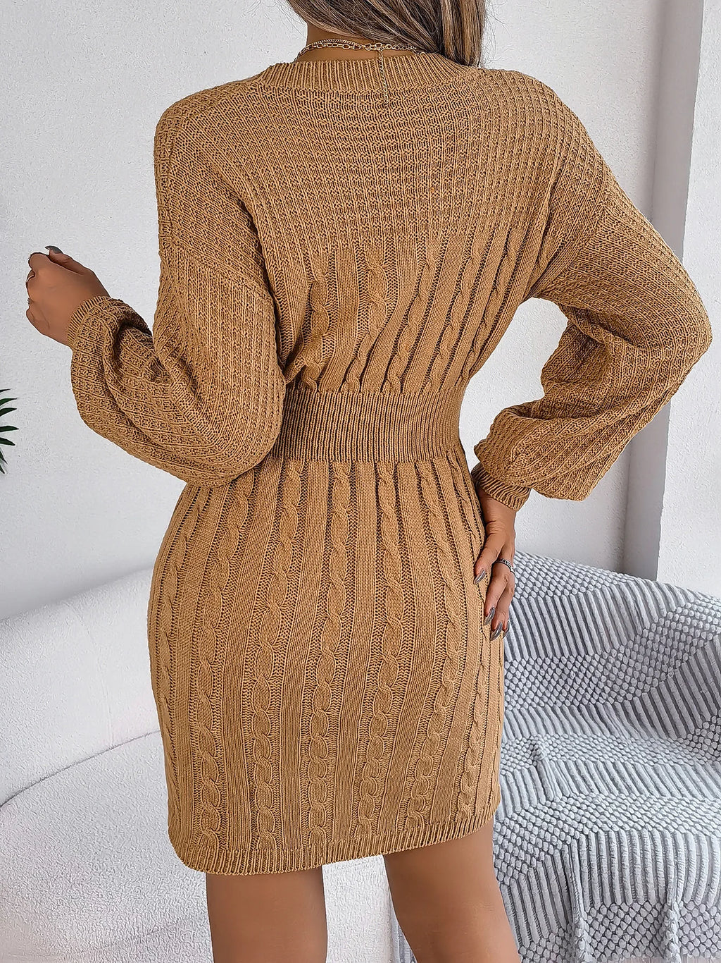 Women's Knit O-Neck Lantern Sleeve Hollow-Out Sweater Dress Autumn Winter Casual Above-Knee