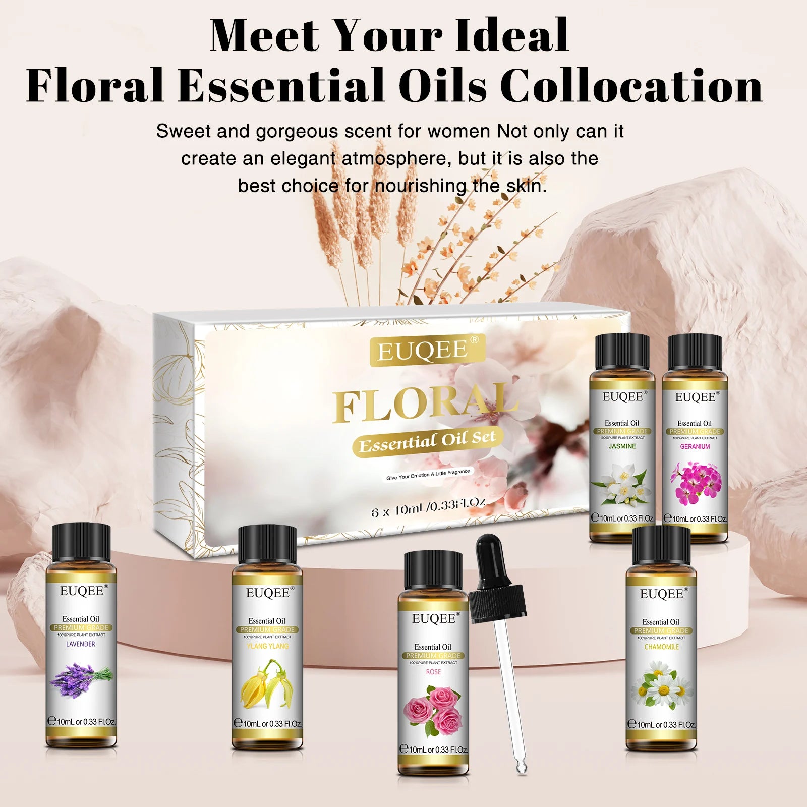 EUQEE 6-Pack Floral Essential Oil Set 6 x 10ml (0.34 fl oz) – Rose, Lavender, Ylang Ylang, Jasmine, Geranium, Chamomile for Diffusers & Candle Making