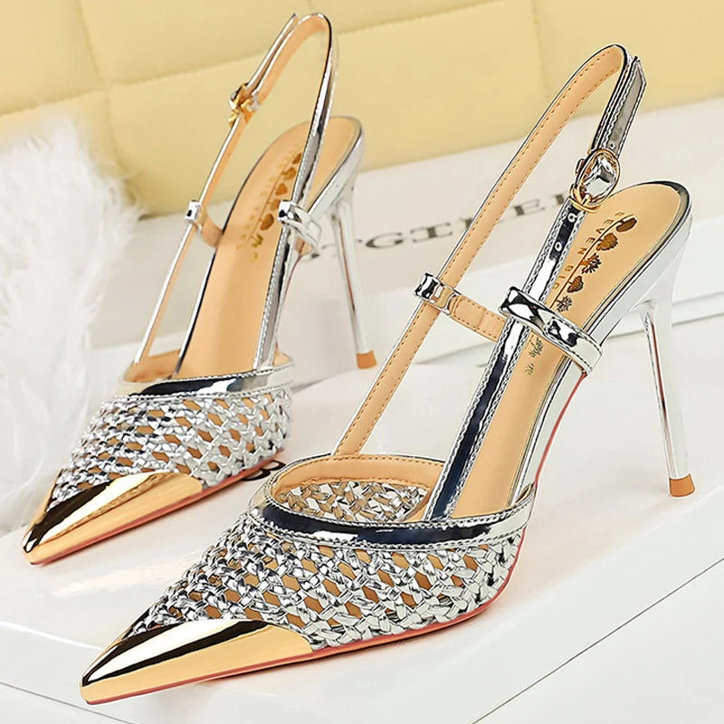 Woven Hollow Pointed-Toe Stiletto Pumps for Women – 9.5 cm (3.7 in) Buckle High Heels, Summer Party Sandals