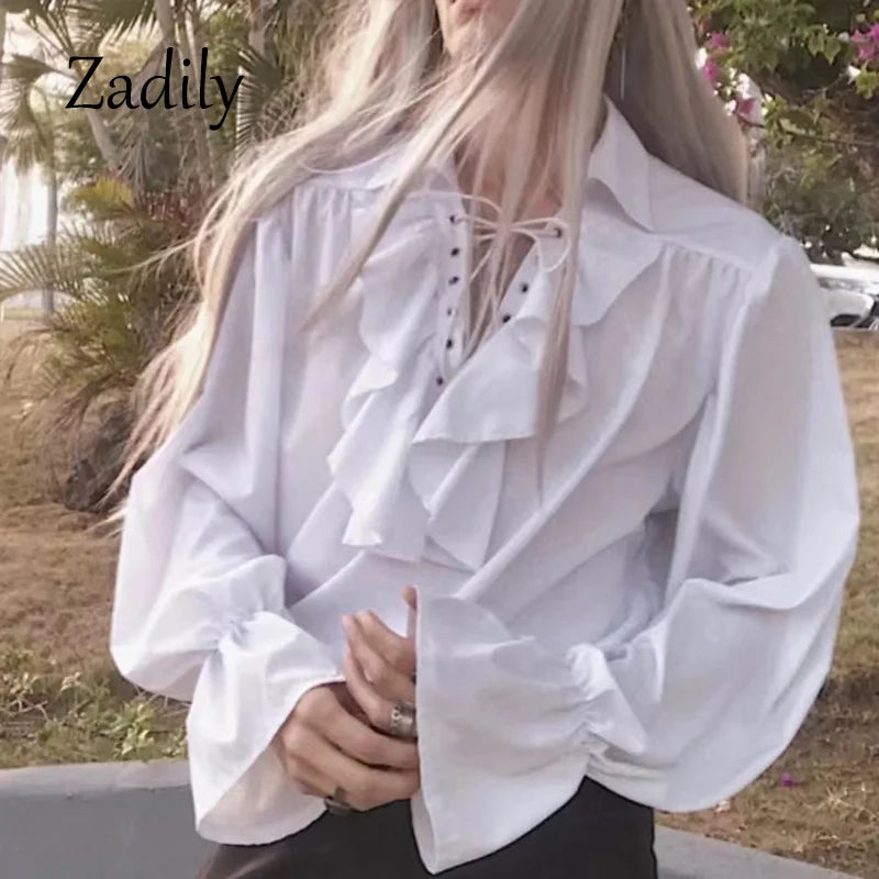 Victorian Gothic Renaissance Lace-Up Ruffled Blouse Women's Pirate Poet Medieval Top