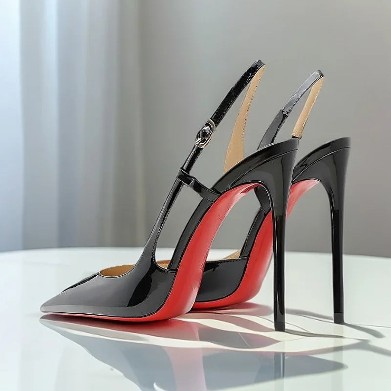 Black & White Patent Cutout Rear-Strap Stiletto Heels — Plus Size