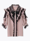 Noemi-Inspired Ruffle Bow Off-Shoulder Lace Blouse — Yami Kawaii Lolita Bell Sleeve Top