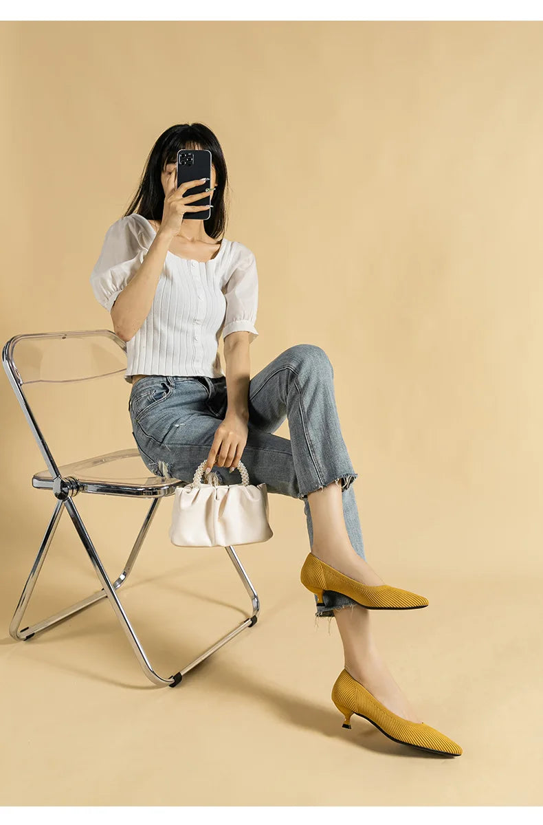 Women's Pointed-Toe Knit Slingback Pumps, Breathable Latex Insole & Anti-Slip Rubber Sole, 3.5 cm (1.38 in) Mid Heel