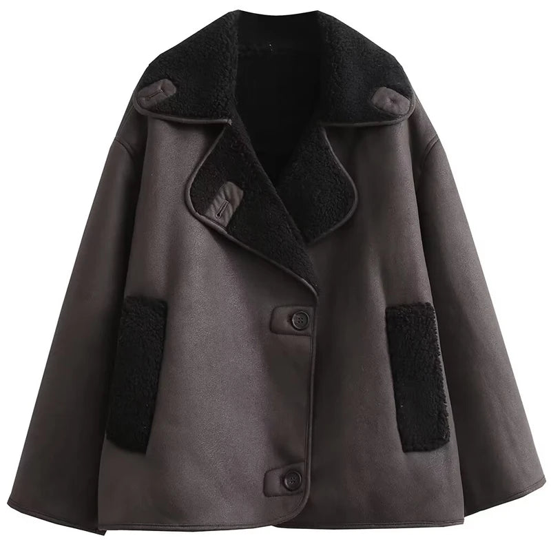 Women's Faux Leather Cropped Winter Coat with Faux Fur Collar – Waterproof Button Windbreaker, Brown