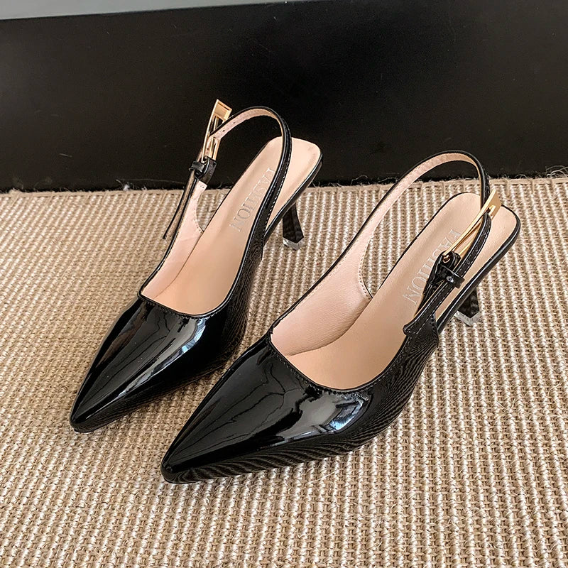 Pointed Toe Patent Leather Thin Heel Sandals for Women - Nude Office Dress Shoes, 3-5 cm (1.2-2.0 in) Heel