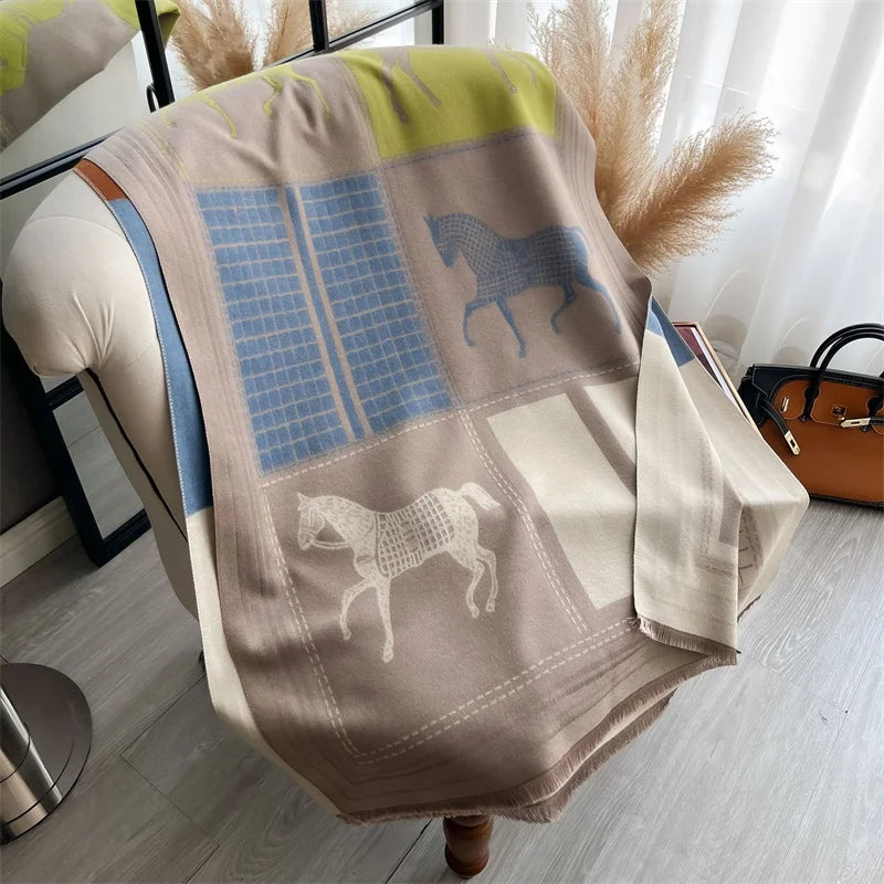 Women's Soft Cashmere Pashmina Scarf 180 x 65 cm (71 x 25.6 in) Plaid Horse Print Tassel Wrap Shawl