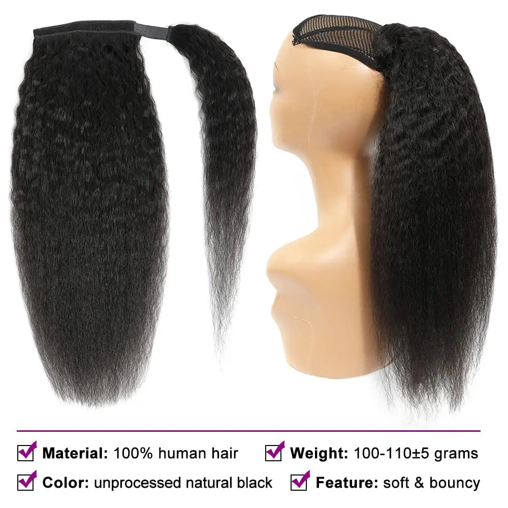 Kinky Straight Remy Human Hair Clip-In Wrap-Around Ponytail 100g, Natural Black #1B, 10–26 in (25–66 cm)