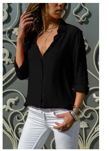 Women's Autumn Polo Collar Blouse - Vintage Loose Button-Up Office Shirt for Office & Streetwear