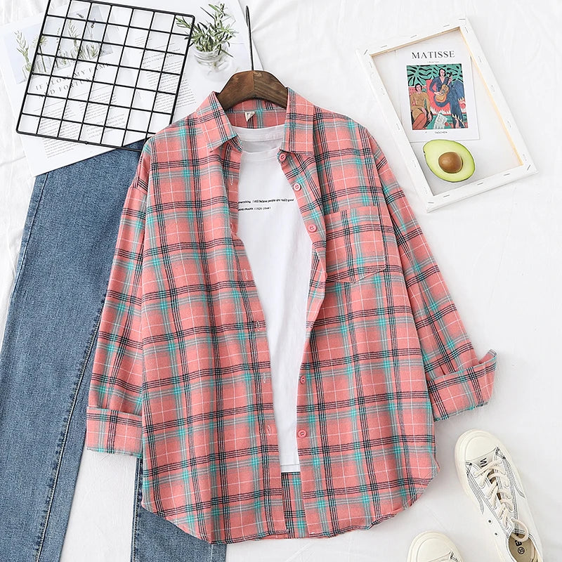 Women's Casual Loose Plaid Flannel Shirt - College Style Long-Sleeve Button-Up Blouse