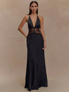 Mozision Women's Backless Halter Lace Maxi Dress - Deep V Patchwork Sleeveless High-Waist A-Line Gown