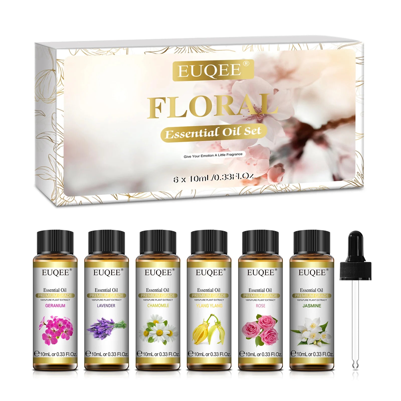 EUQEE 6-Pack Floral Essential Oil Set 6 x 10ml (0.34 fl oz) – Rose, Lavender, Ylang Ylang, Jasmine, Geranium, Chamomile for Diffusers & Candle Making