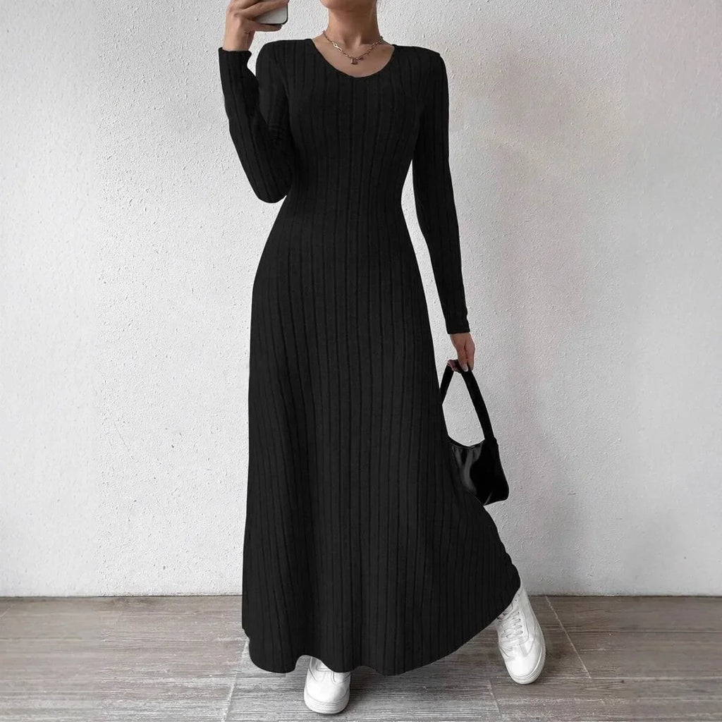 Knitted Long-Sleeve A-Line Dress — Slim Fit Solid Color Ankle-Length Streetwear for Women