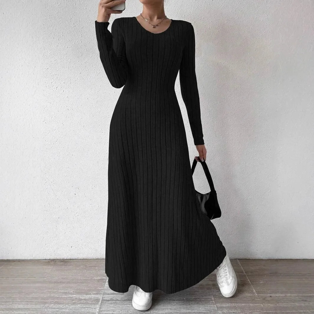 Knitted Long-Sleeve A-Line Dress — Slim Fit Solid Color Ankle-Length Streetwear for Women