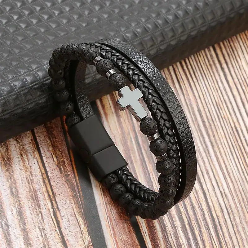 Men's Multi-Layer Woven Leather Bracelet with Alloy Magnetic Buckle - Punk Style, 19/21/23 cm (7.5/8.3/9.1 in)