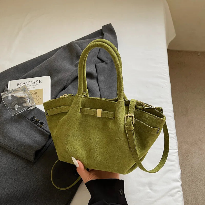 Matte PU Suede Tote Bag for Women – Large Capacity Retro Shoulder & Crossbody with Belt Detail