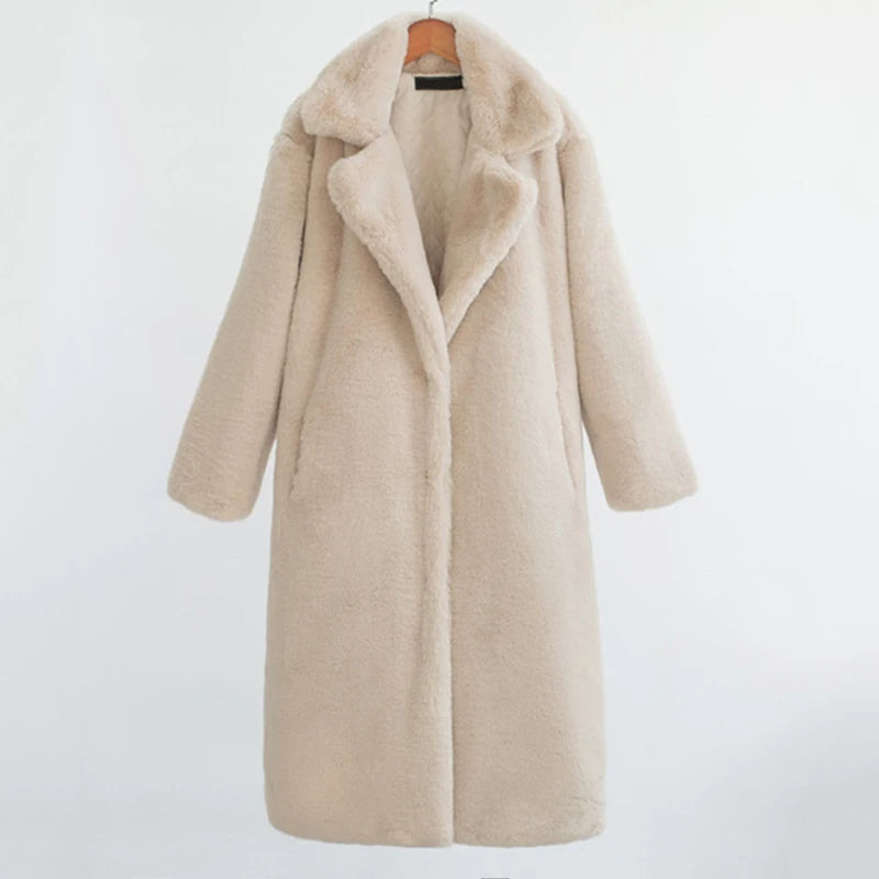 Women's Faux Leather Long Coat with Soft Mink Fur Trim & Pockets - Casual Street Style Winter Outwear